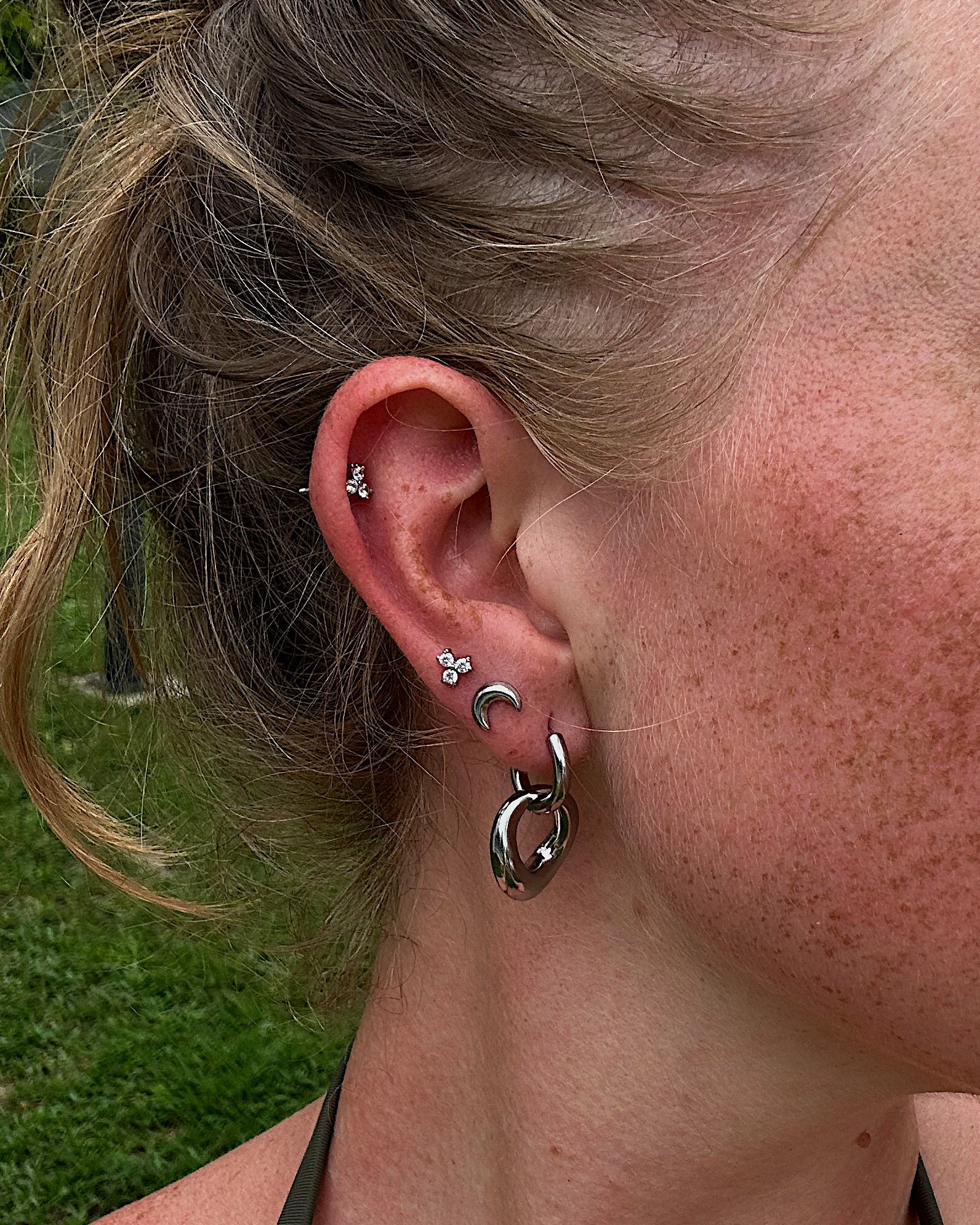Moon and flower zircon studs silver 2-pack
