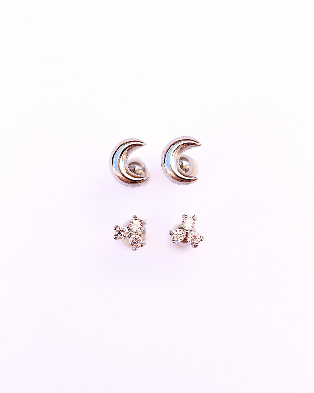 Moon and flower zircon studs silver 2-pack