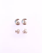 Moon and flower zircon studs silver 2-pack