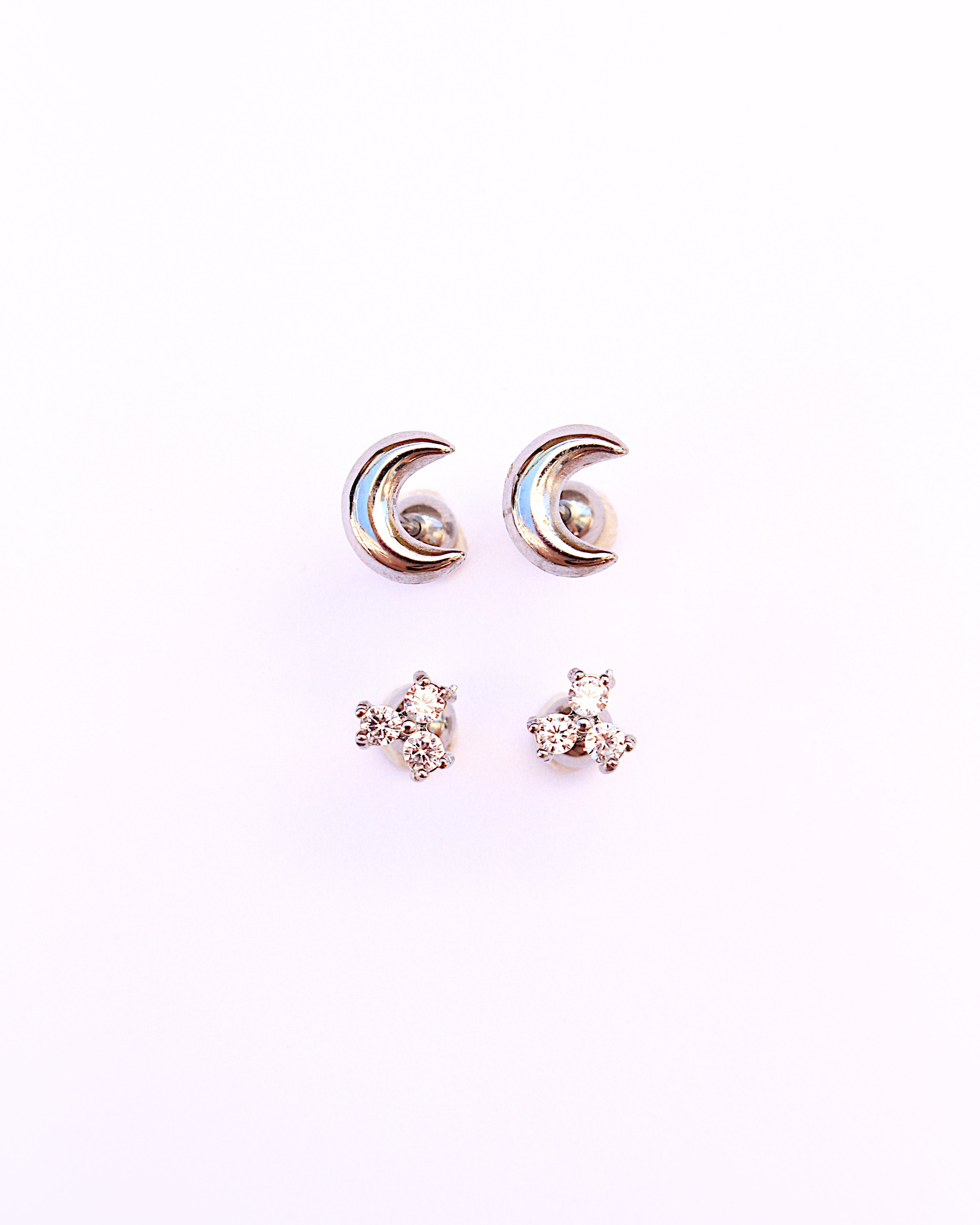 Moon and flower zircon studs silver 2-pack
