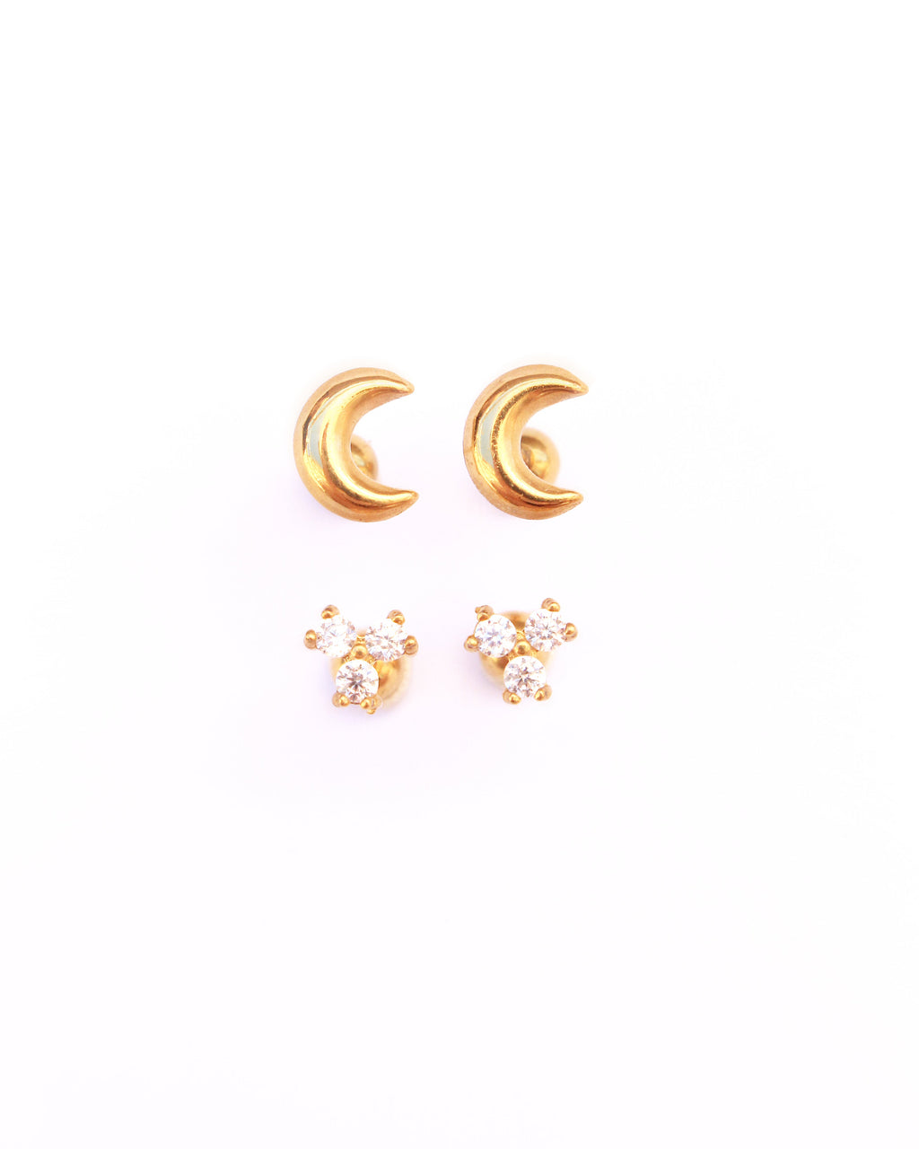 Moon and flower zirkon studs gold 2 pack